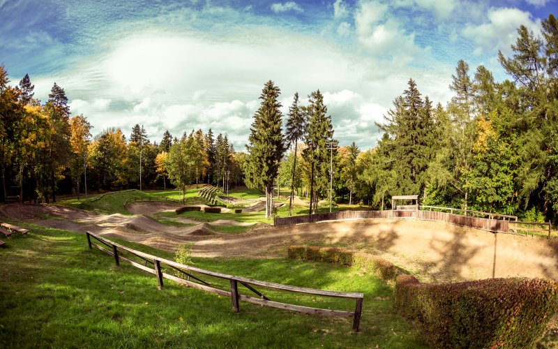 Leśny tor lub zjeżdżalnia wśród drzew