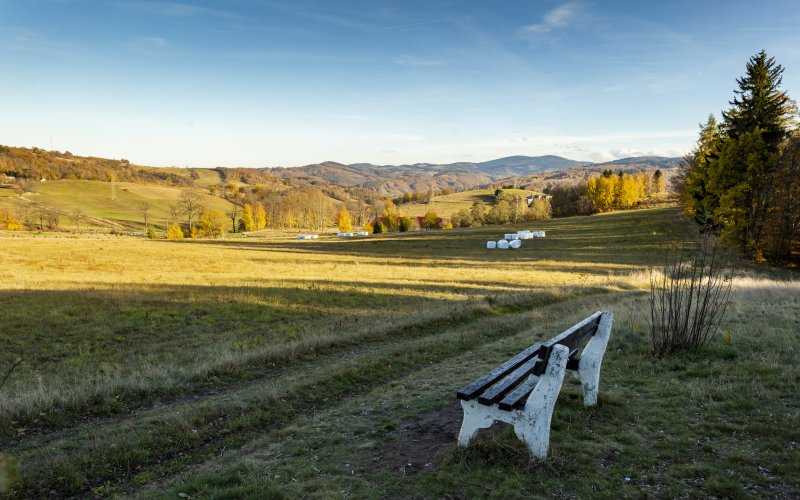 Ławka na łące z widokiem na dolinę i wzgórza