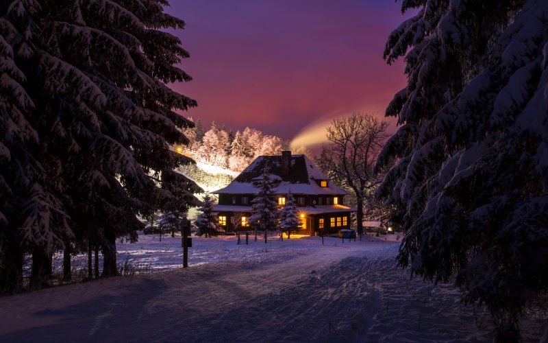 Oświetlony budynek wśród zaśnieżonych drzew zimą o zmierzchu