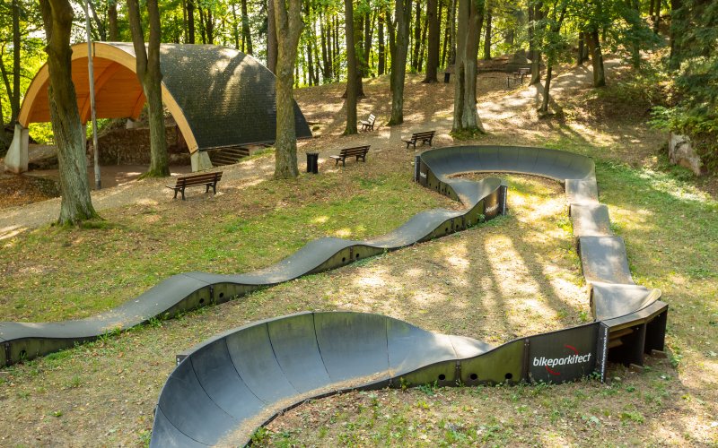 Leśny tor lub zjeżdżalnia wśród drzew